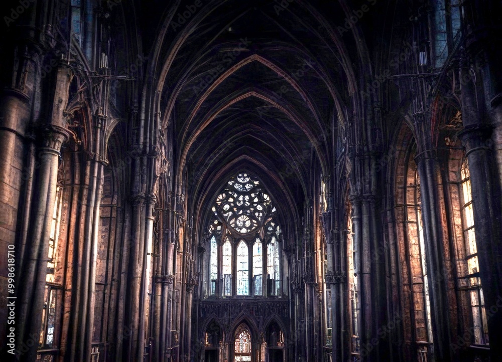 The interior Gothic cathedral, with a large stained glass window at the far end and a high vaulted ceiling with pointed arches The interior Gothic cathedral, with a large stained glass window at the far end and a high vaulted ceiling with pointed arches