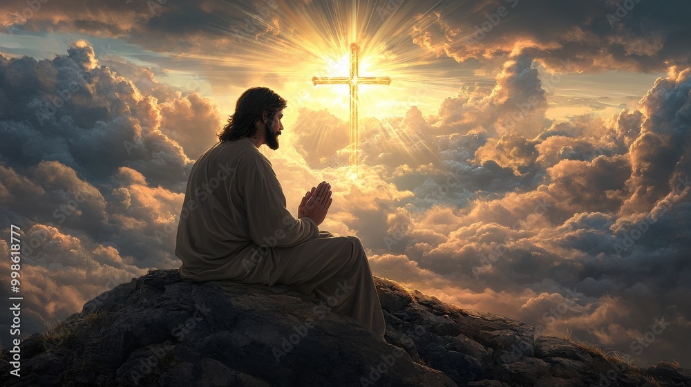 A serene moment of prayer at the mountain's peak with a radiant cross illuminating the sky at dawn. Generative AI A serene moment of prayer at the mountain's peak with a radiant cross illuminating the sky at dawn. Generative AI