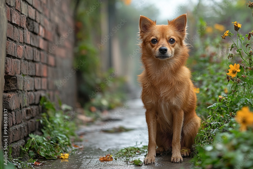 Naklejka premium Confident Pariah Indian Dog Posing in a Vibrant Natural Setting with Lush Greenery Surrounding It