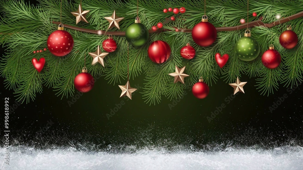 Naklejka premium Christmas background - baubles and branch of spruce tree