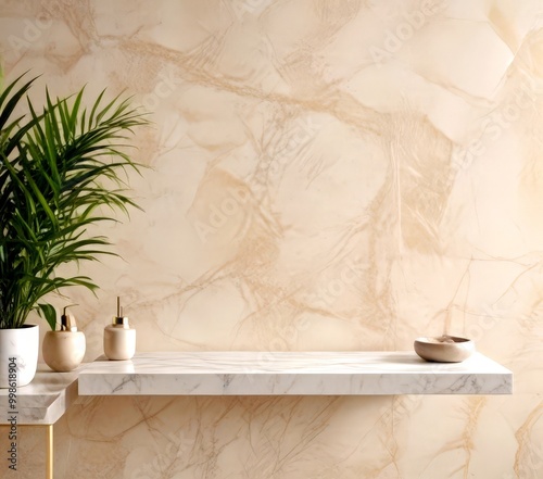 A marble shelf with a small plant, two soap dispensers, and a small bowl is set against a beige marble wall with a subtle pattern