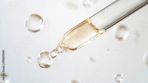 A dropper releasing a clear liquid, with bubbles surrounding it, on a soft background. Concept of beauty and skincare