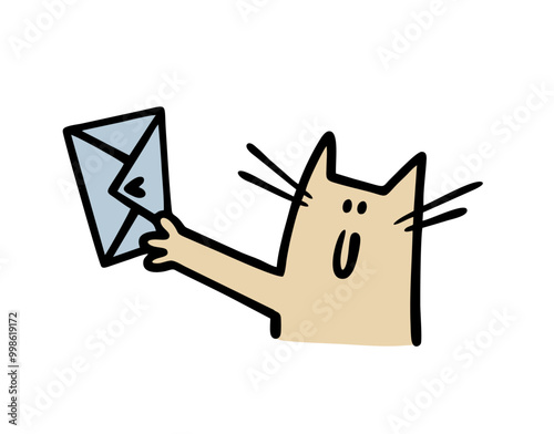 Cartoon kitten stretched out paw and holding  blue envelope with heart. Vector illustration of postman bringing letter. Cat working in delivery service. Pet courier delivered the correspondence.