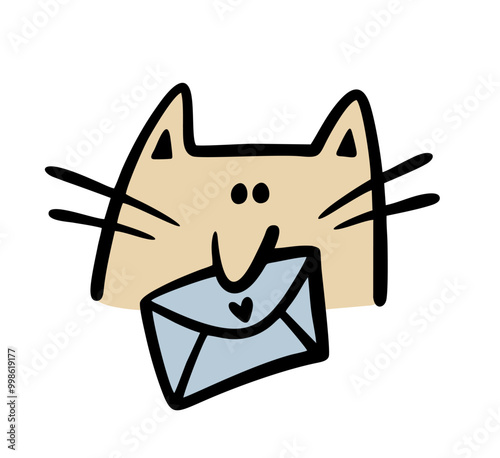Funny cat with a long mustache holds an envelope with a love message in his mouth. Vector illustration of an animal courier from the delivery service brought letter.
