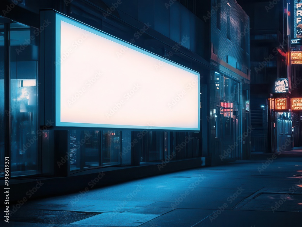 empty billboard illuminated at night casting glow on urban storefront reflections in shop window create layered cityscape opportunity for advertising in bustling nighttime scene empty billboard illuminated at night casting glow on urban storefront reflections in shop window create layered cityscape opportunity for advertising in bustling nighttime scene