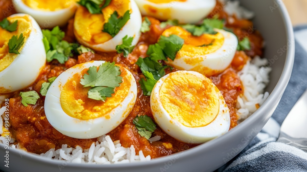 Egg curry with boiled eggs, thick tomato-based sauce, served over rice, sprinkled with cilantro, close-up shot, hearty and flavorful Indian cuisine Egg curry with boiled eggs, thick tomato-based sauce, served over rice, sprinkled with cilantro, close-up shot, hearty and flavorful Indian cuisine