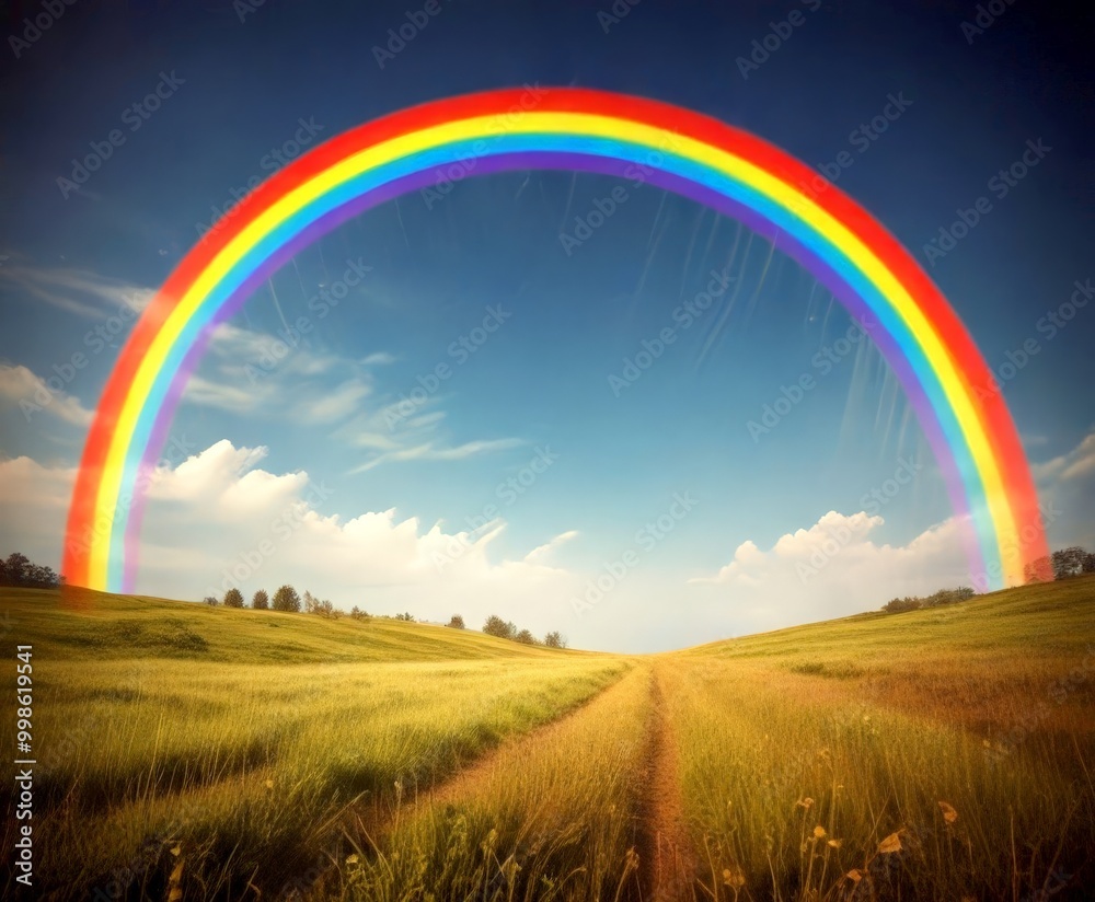 A vibrant rainbow arches over a verdant field, its vivid colors contrasting with the lush greenery and the clear blue sky dotted with fluffy white clouds A vibrant rainbow arches over a verdant field, its vivid colors contrasting with the lush greenery and the clear blue sky dotted with fluffy white clouds