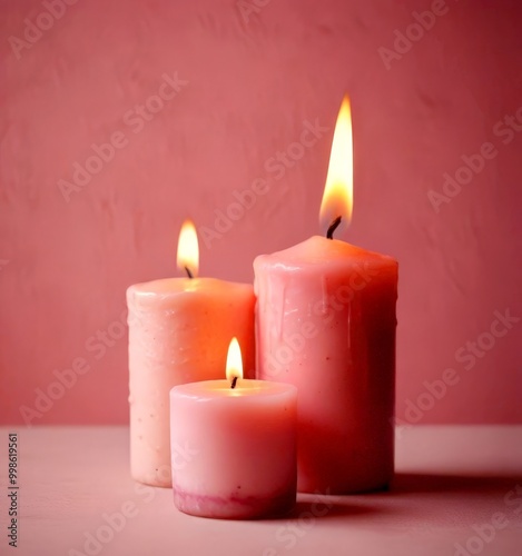 Three lit candles of varying sizes and shapes stand on a pink surface, casting a warm glow against a textured pink background