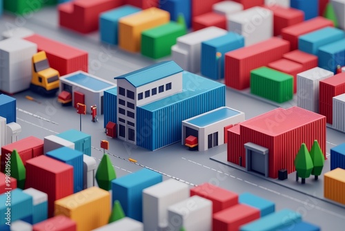 A vibrant miniature cityscape featuring colorful cargo containers, buildings, and vehicles, showcasing urban logistics and design.