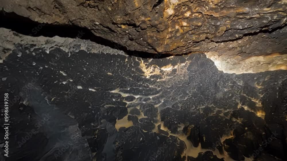 Jagged rocks are shown protruding from a dark cave ceiling, creating a sense of imminent danger and the potential for a rockfall Jagged rocks are shown protruding from a dark cave ceiling, creating a sense of imminent danger and the potential for a rockfall