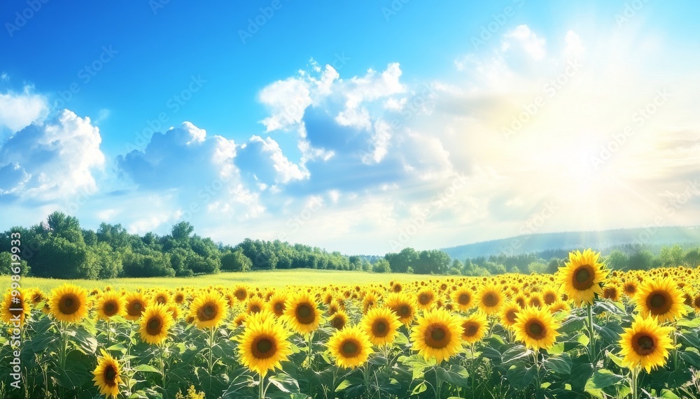 Obraz premium Sunflower Field. Sunflowers in Bloom. Sunflower Garden. Golden Hour Sunflowers. Sunny Sunflower Field.