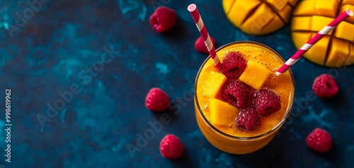 Fizzy tropical drink with mango and peach, garnished with raspberries, bubbly and vibrant, top-down shot, bright yellow and fruity summer refreshment photo