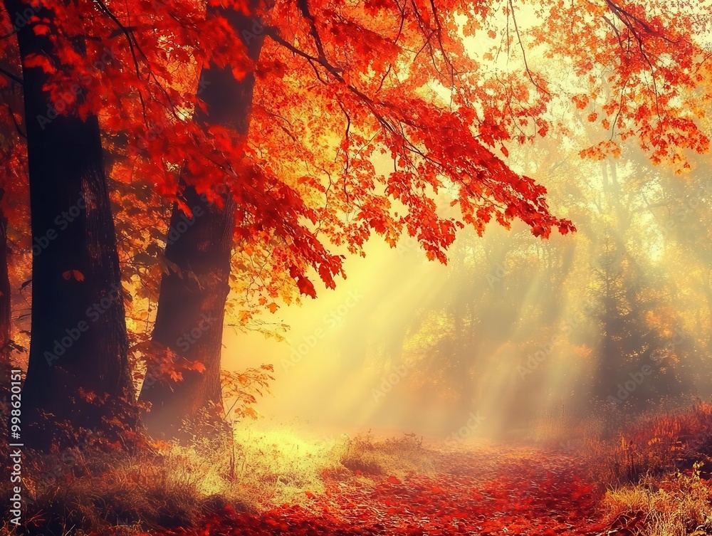enchanted autumn forest with towering trees rich orange and red foliage mystical fog rolling through dappled sunlight creating magical atmosphere enchanted autumn forest with towering trees rich orange and red foliage mystical fog rolling through dappled sunlight creating magical atmosphere