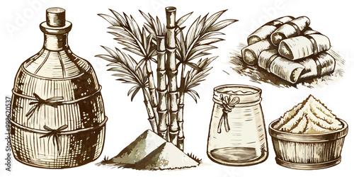 Sketch of cane harvest, sugar sacks, and cubes, perfect for monochrome food packaging and rum-themed illustrations