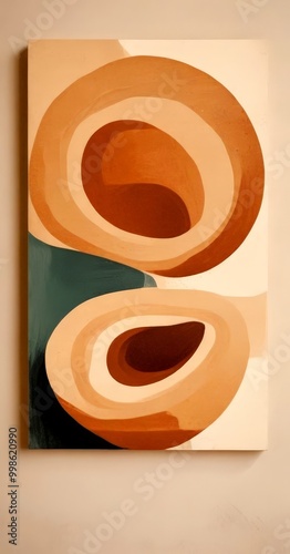 Abstract painting featuring overlapping circles in warm colors, with a darker circle in the center photo