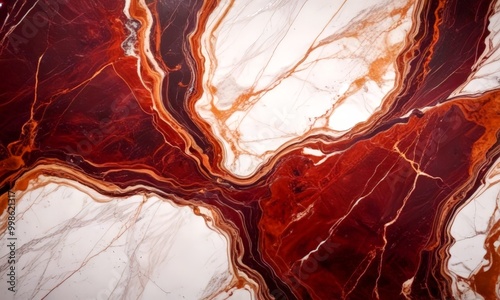 a close-up view marble surface with a striking pattern of swirling red and white marble