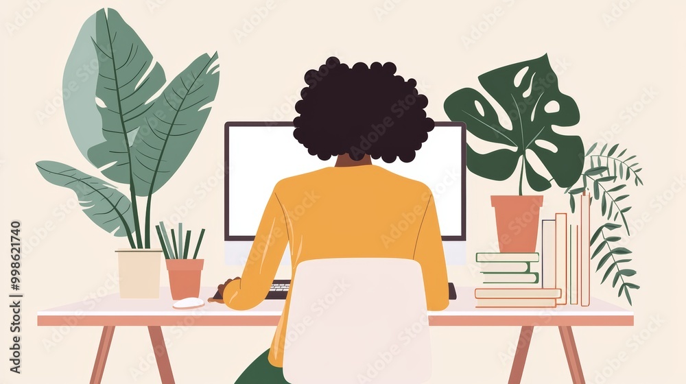 A joyful African American woman waving at her virtual team on a video call, with a bright and modern home office in the background. A joyful African American woman waving at her virtual team on a video call, with a bright and modern home office in the background.
