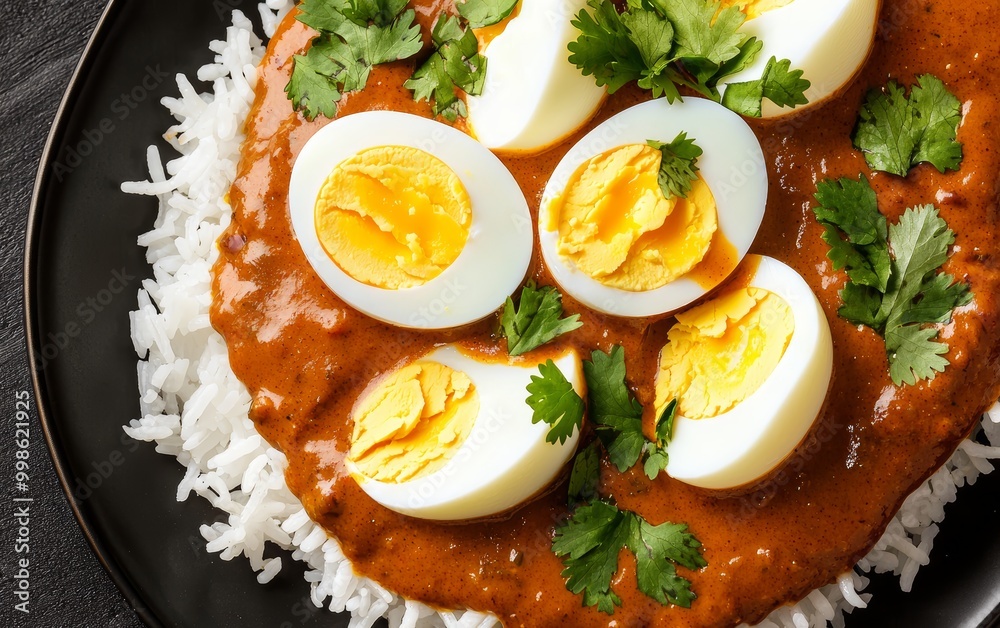 Hard-boiled eggs on a bed of spicy curry sauce and white rice, garnished with cilantro, traditional Indian comfort food, rich colors and textures Hard-boiled eggs on a bed of spicy curry sauce and white rice, garnished with cilantro, traditional Indian comfort food, rich colors and textures