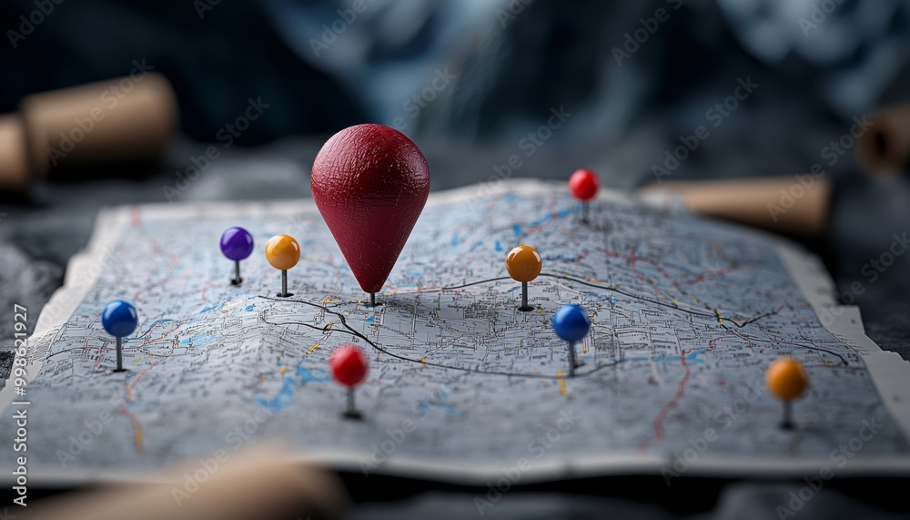 A large map pin towering above a grid-like layout, with smaller pins marking various locations for travel and route planning. A large map pin towering above a grid-like layout, with smaller pins marking various locations for travel and route planning.