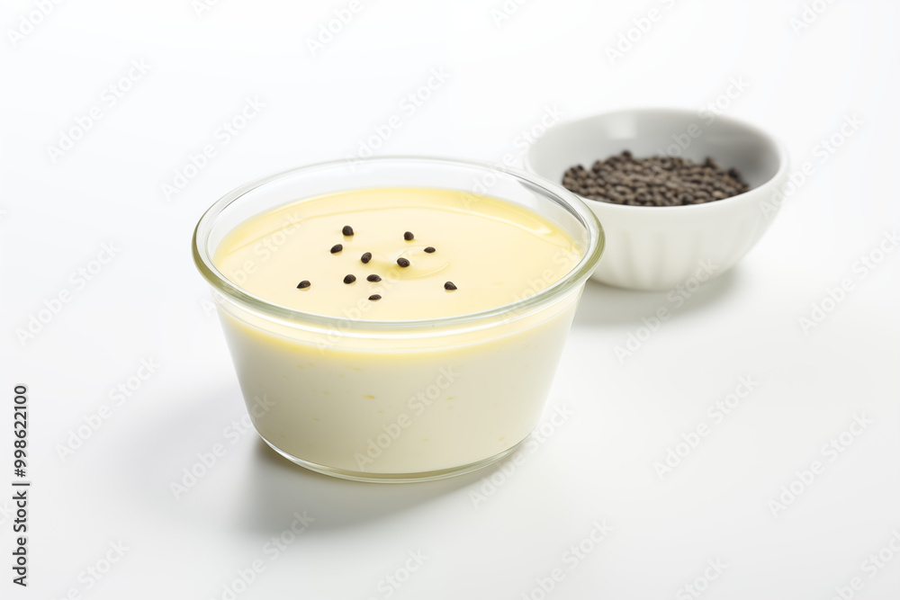 A smooth, creamy bowl of vanilla custard with golden yellow hue, topped with sprinkle of fresh vanilla beans. The silky texture shines under the light, and the custard sits in simple white background A smooth, creamy bowl of vanilla custard with golden yellow hue, topped with sprinkle of fresh vanilla beans. The silky texture shines under the light, and the custard sits in simple white background