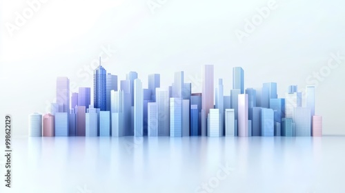 A minimalist city skyline with tall, geometric buildings made from pixel-like squares, transitioning from dark blue at the base to bright white at the top.