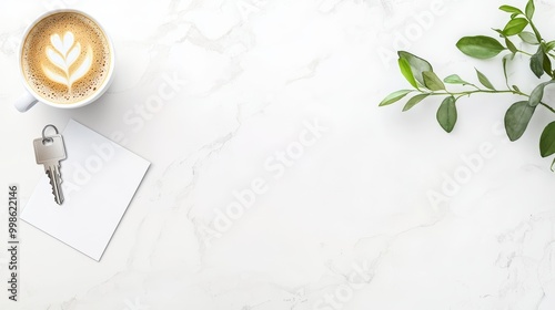 Hotel lobby table with a keycard, brochures, and a cup of coffee, creating a welcoming atmosphere for guests checking in