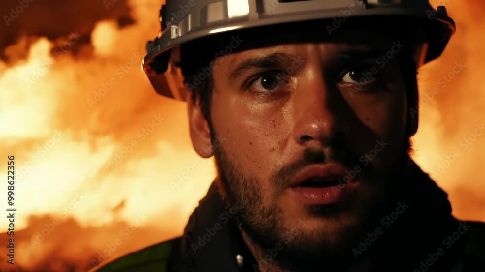 Brave firefighter battles a dangerous inferno at night, looking shocked and concerned. The intense heat and flames highlight his heroism and courage Brave firefighter battles a dangerous inferno at night, looking shocked and concerned. The intense heat and flames highlight his heroism and courage