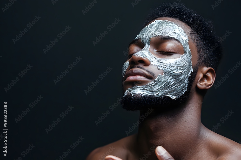 Black man taking self-care with facial mask representing skincare and hydration Black man taking self-care with facial mask representing skincare and hydration