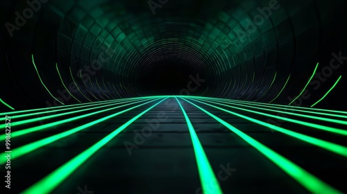 A neon-lit tunnel with vertical and horizontal green grid lines, creating a sense of depth and perspective in a cyber environment. photo