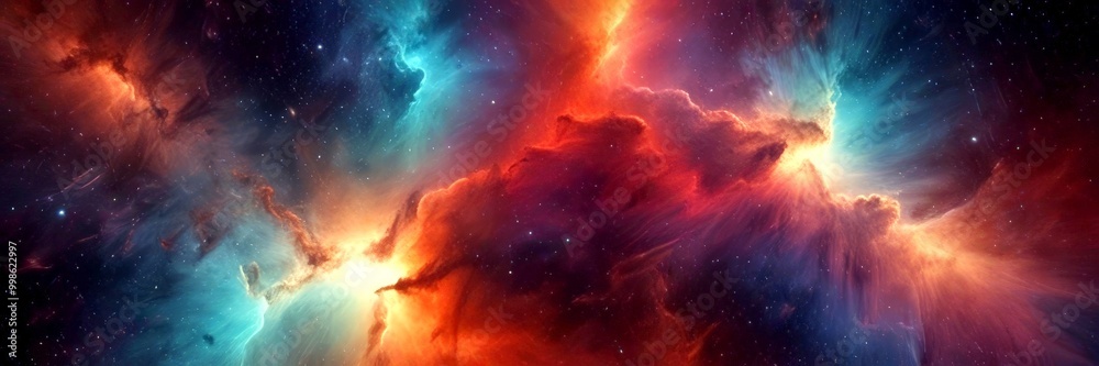 Obraz premium a vibrant cosmic scene, featuring a nebula with swirling clouds of gas and dust in shades of orange, blue, and red, set against a backdrop dark blue sky dotted with