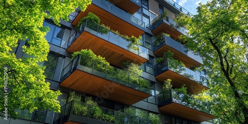 A luxurious high-rise apartment building with reflective glass surfaces, featuring balconies that overlook a surrounding park filled with trees, creating a serene urban retreat