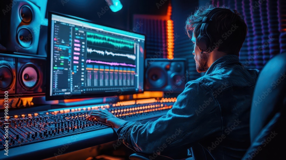 music producer immersed in creative process stateoftheart recording equipment ambient studio lighting sound wave visualizations music producer immersed in creative process stateoftheart recording equipment ambient studio lighting sound wave visualizations