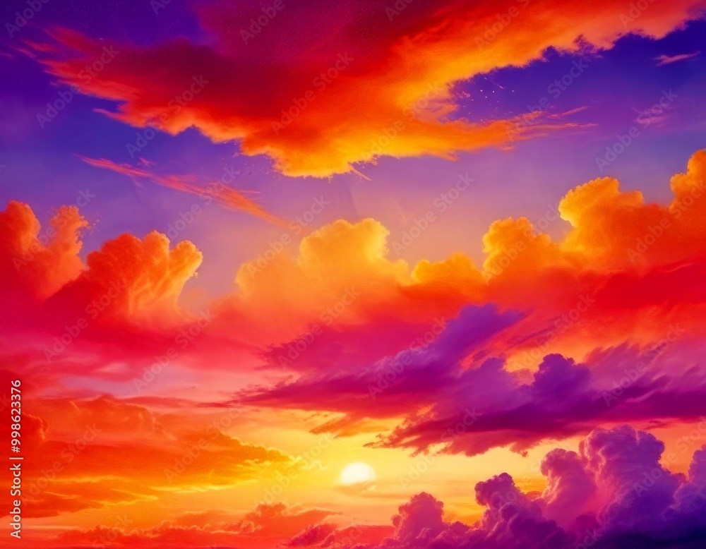 Obraz premium a vibrant sunset sky with a multitude of colorful clouds, including pink, orange, and purple hues, as well as a bright sun peeking through the clouds