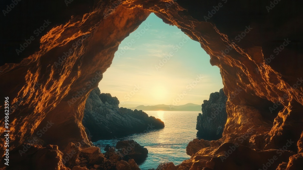 mysterious cave mouth framing a breathtaking vista silhouette of jagged ...