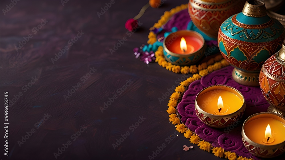 Naklejka premium A Diwali celebration background with colorful rangoli patterns and lanterns