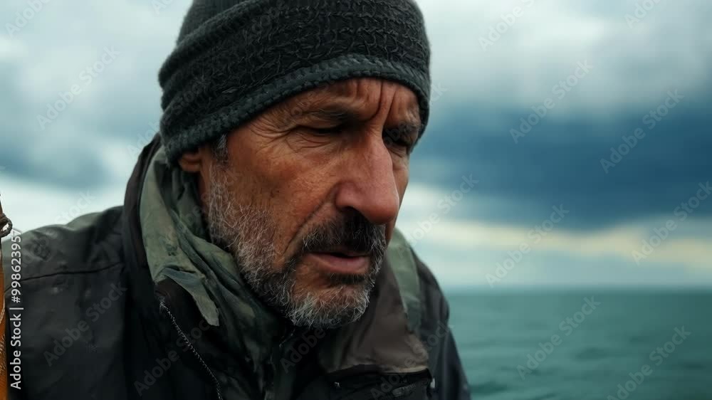 Worried fisherman in warm clothing gazes at the sea, contemplating an impending storm. His concerned look reflects fear and sadness about potential damage from climate change Worried fisherman in warm clothing gazes at the sea, contemplating an impending storm. His concerned look reflects fear and sadness about potential damage from climate change