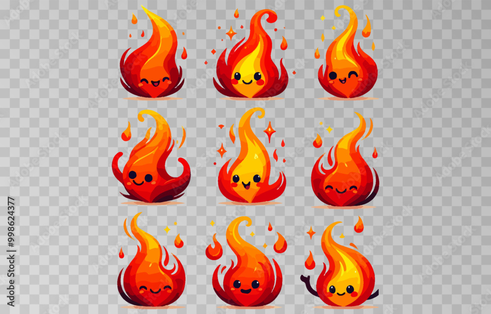 Set of fire cartoon character vector illustration on transparent png background. Set of fire cartoon character vector illustration on transparent png background.