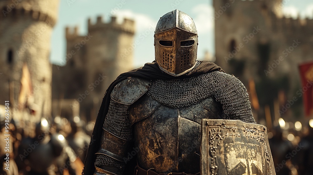 Illustration of a medieval guard in armor standing proudly with shield and sword in a historical setting Illustration of a medieval guard in armor standing proudly with shield and sword in a historical setting