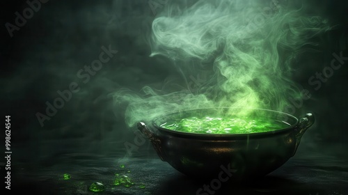 mystical brewing scene bubbling cauldron filled with eerie green potion wisps of magical smoke rising against a dark foggy background fantasyinspired still life evoking witchcraft and alchemy photo