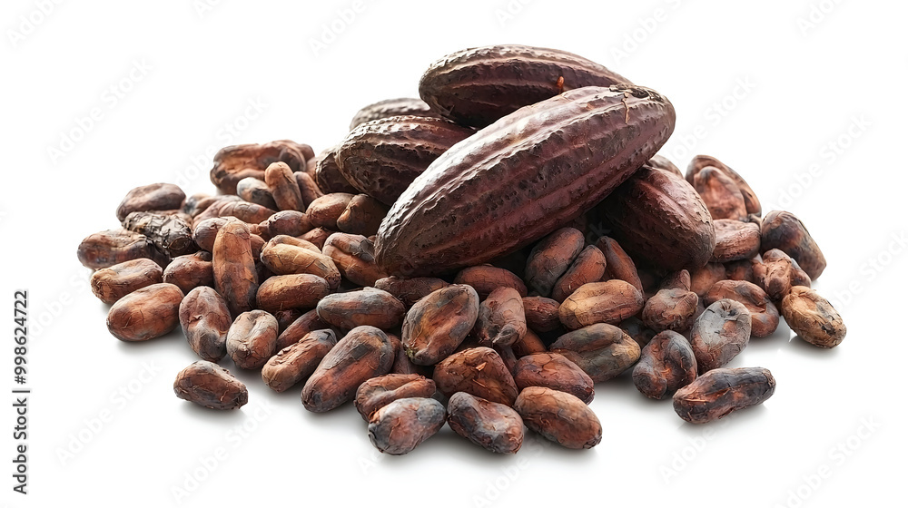 Naklejka premium Cocoa Fruit Arrangement: An artful arrangement of cocoa pods, carefully placed to create visual interest. The soft shadows cast by the pods add depth, while the white background ensures versatility. 