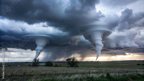 Two Funnel Clouds Descending from a Dramatic Stormy Sky photo