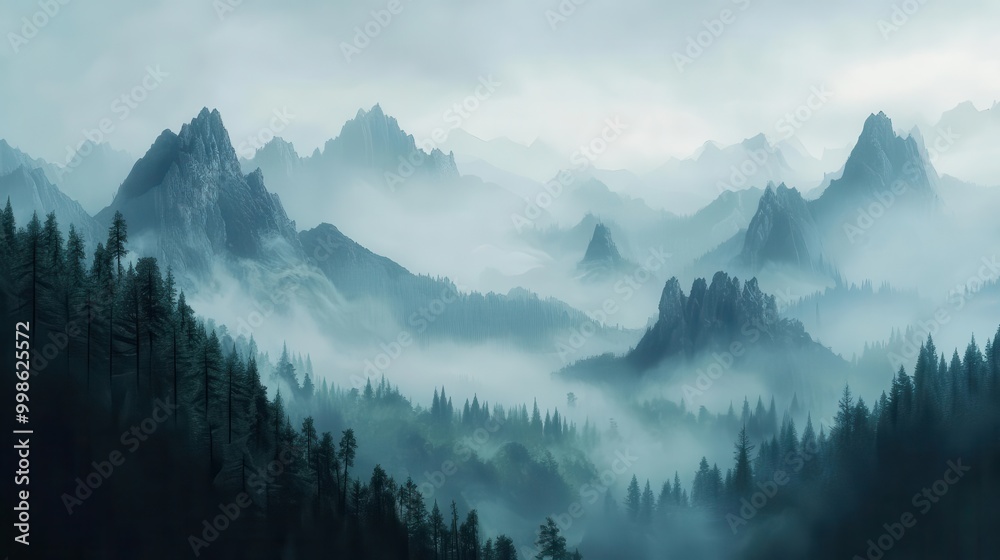 mystical mountain landscape ethereal mist swirling around rugged peaks layered valleys shrouded in fog silhouettes of ancient pine forest emerging from the haze mystical mountain landscape ethereal mist swirling around rugged peaks layered valleys shrouded in fog silhouettes of ancient pine forest emerging from the haze