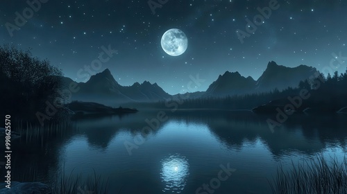 mystical moonlit river scene with silhouetted mountains starry sky reflected in calm waters ethereal atmosphere