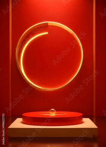 A red circular platform with a gold ring on top, set against a red wall with a circular light fixture above it