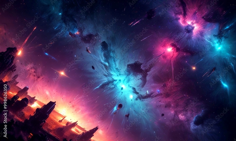 Obraz premium a vibrant, cosmic scene with a cityscape silhouetted against a backdrop of swirling nebulae and shooting stars The colors are predominantly blue, purple, and pink, with hints
