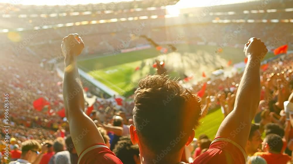 A group of fans are cheering for their team's victory, Back view of football, soccer fans emotionally cheering their team at crowded stadium	