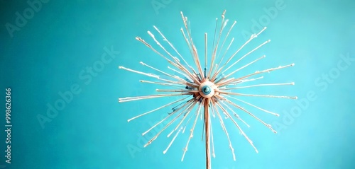 A white, star-like sculpture with thin, radiating branches stands against a light blue background photo