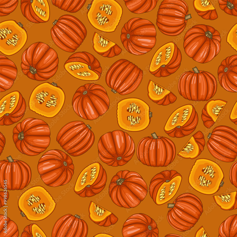 Seamless pattern with Big Max pumpkin. Winter squash. Cucurbita maxima. Vegetables. Isolated vector illustration. Seamless pattern with Big Max pumpkin. Winter squash. Cucurbita maxima. Vegetables. Isolated vector illustration.