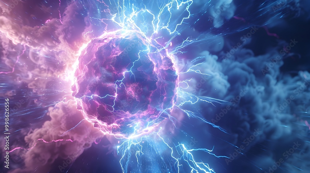 Obraz premium Futuristic Plasma Bomb Explosion with Glowing Blue and Purple Energy Waves Radiating Outward