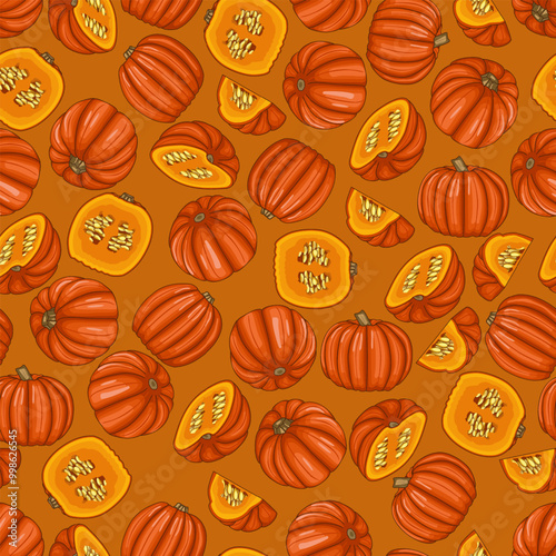 Seamless pattern with Big Max pumpkin. Winter squash. Cucurbita maxima. Vegetables. Isolated vector illustration.